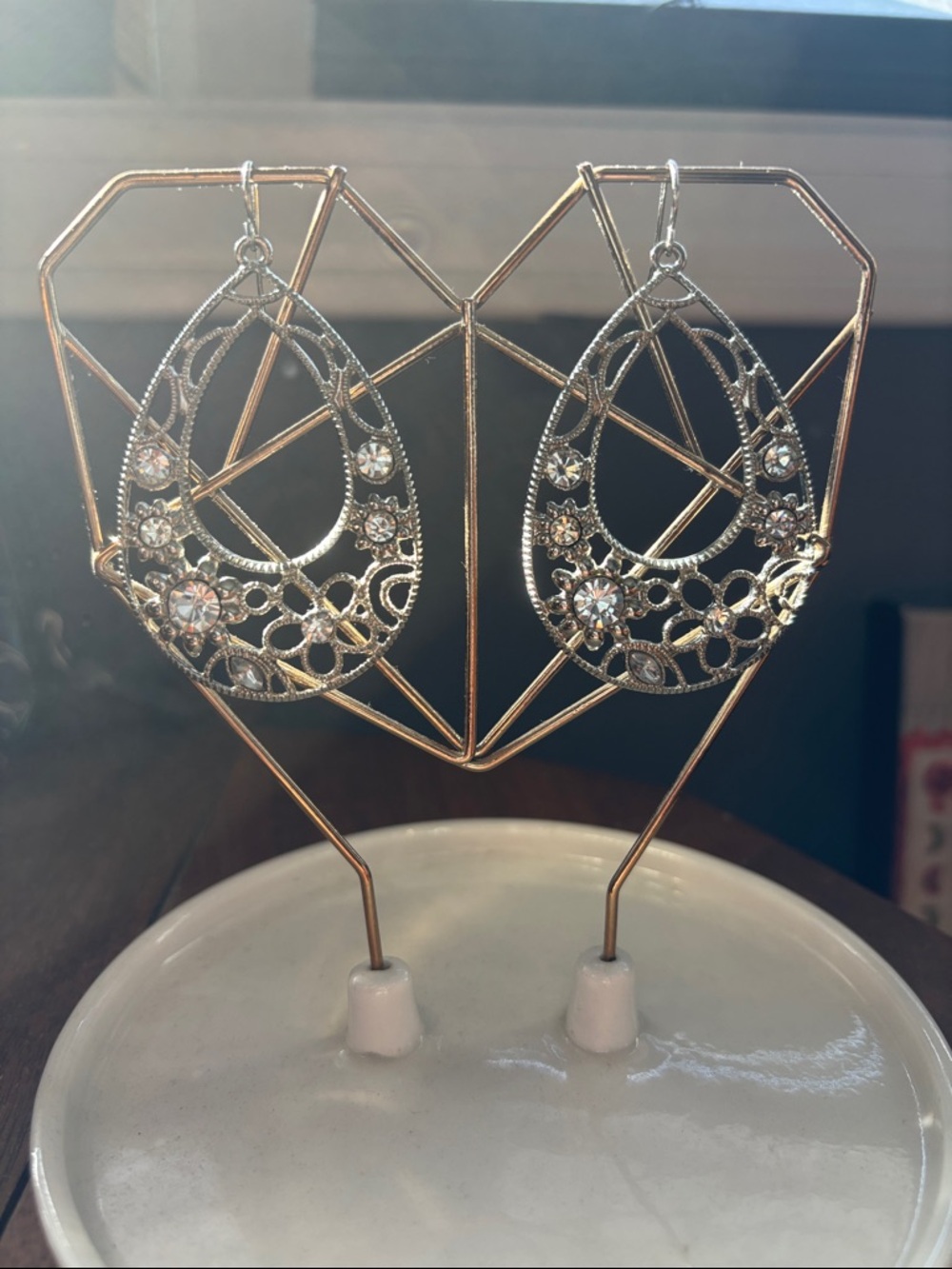 Silver Tone Filigree Teardrop Earrings w/Fake Crystals - Sterling Silver Hook